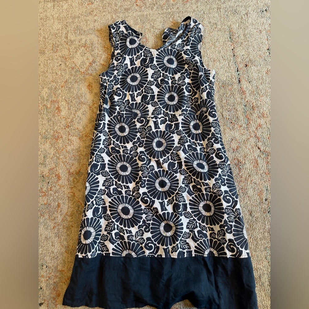 FLAX Linen Dress Navy White Graphic Floral Print Size Small